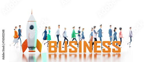 Business people and rocket with BUSINESS word at  white background, 3d rendering