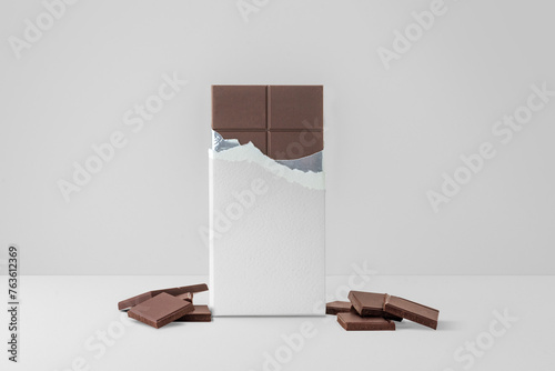 Matte white chocolate box packaging. Blank cardboard mockup. Torn textured paper. (real photo) 3D render (ID: 763612369)