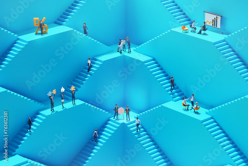 Teamwork, success and opportunity concept 3D rendering.  Business people working together in an abstract environment with stairs and multiple floor levels. 