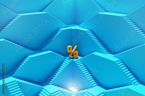 Growth in business. Businessman and percentage sign in an abstract environment concept with stairs, representing career, growth, success, achievement. 3D rendering