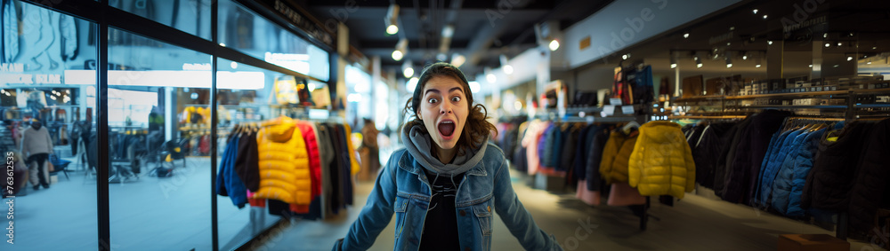 Surprised shopper woman in clothing store Surprised shopper woman in clothing store