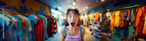 Amazed shopper woman in clothing store