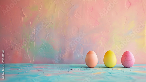 Colorful easter eggs placed against a pastel textured wall