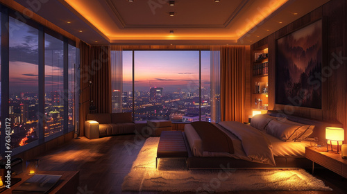 A bedroom with a large window overlooking a city skyline