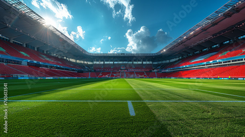 A large stadium with a bright blue sky and a few clouds