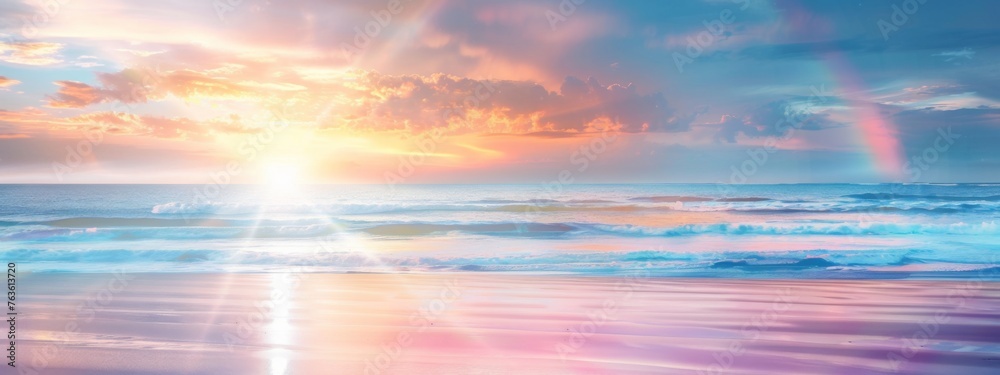 Landscape of beautiful dreamy clear blue and cloudy sky between at the beach with wave and rainbow, sunlight coming from behind the cloud as background and backdrop.  technology.