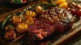 Succulent grilled steak with fresh garnishes, ideal for gourmet culinary concepts