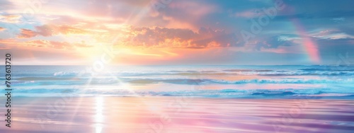 Landscape of beautiful dreamy clear blue and cloudy sky between at the beach with wave and rainbow, sunlight coming from behind the cloud as background and backdrop.  technology. © JovialFox