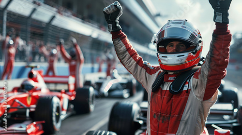 Formula one racing team driver cheering celebrating, Generative AI  photo