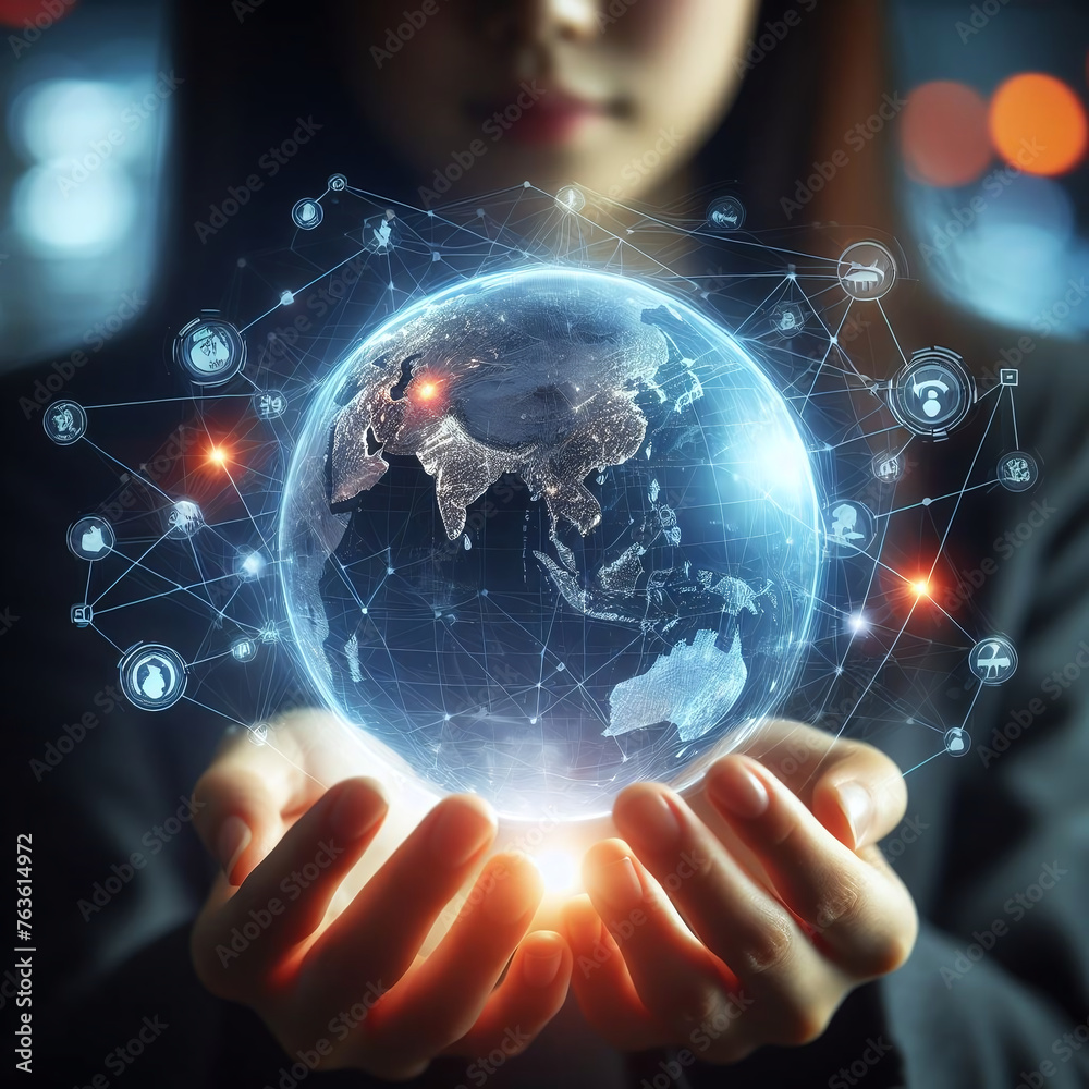 3D Digital Earth, Luminous Globe in Hand Depicting Data-Driven Global Interconnectivity, Person holding a transparent globe that lights up with a digital representation of the Earth. 3D Digital Earth, Luminous Globe in Hand Depicting Data-Driven Global Interconnectivity, Person holding a transparent globe that lights up with a digital representation of the Earth.