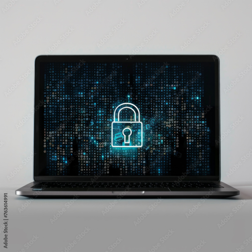 A laptop computer screen shows a blue lock symbol with a key on it ...