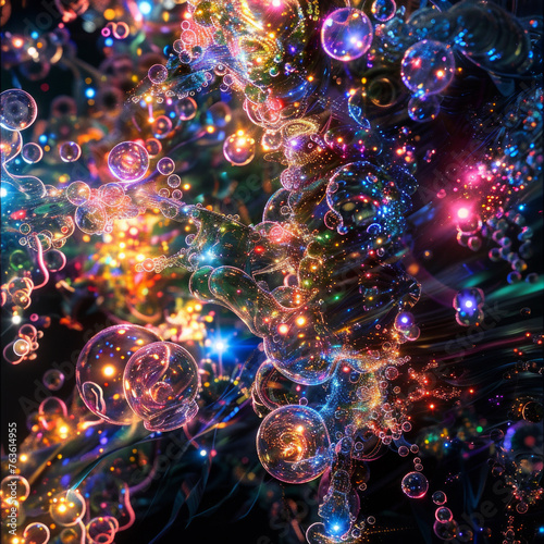 A colorful  swirling galaxy of bubbles with a bright  vibrant glow