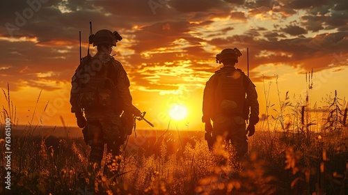 Sunset Vigilance: Two Elite Soldiers in Protective Gear Standing Guard Outdoors