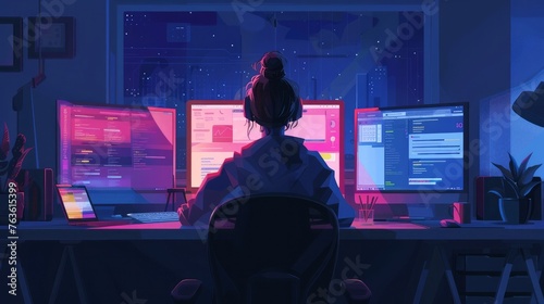 Woman in front of computer browsing internet. Female working working late at night in front of