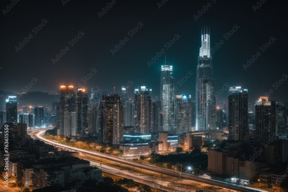 night view of buildings in modern city with lights