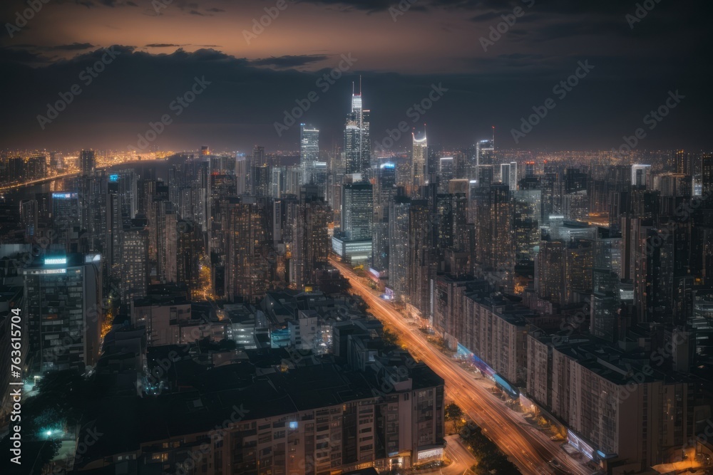 night view of buildings in modern city with lights