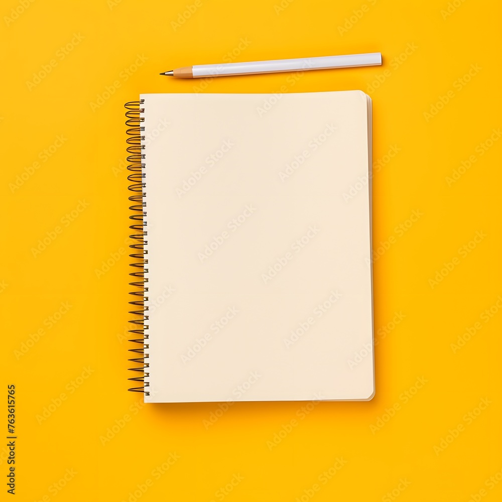 Spiral blank open notebook mockup with pen isolated on yellow background. Template for design, top view Spiral blank open notebook mockup with pen isolated on yellow background. Template for design, top view