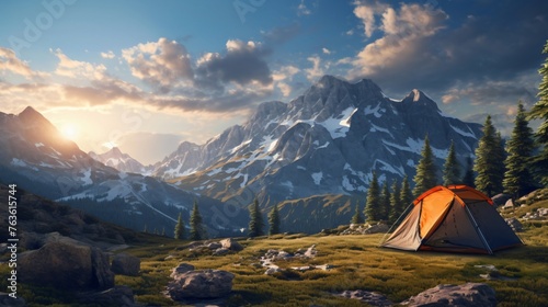 Camping tent, tourist camp in the mountains. Outdoor adventure and summer concept, nature landscape