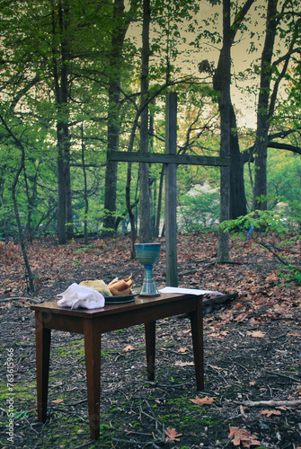 Easter communion is conducted outside in nature. 