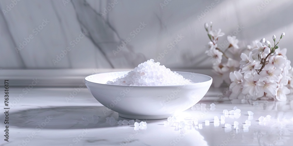 A bowl overflowing with white crystals of pure salt on a marble countertop. Grainy texture salt in serene scene with white flowers under natural light. A bowl overflowing with white crystals of pure salt on a marble countertop. Grainy texture salt in serene scene with white flowers under natural light.