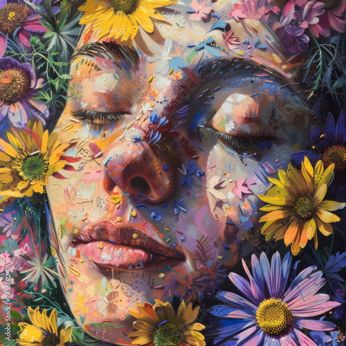 A woman's face is covered in flowers and leaves