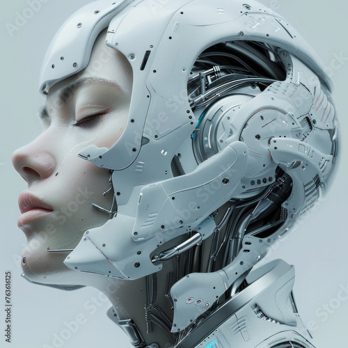 A woman's face is shown with a robotic helmet on