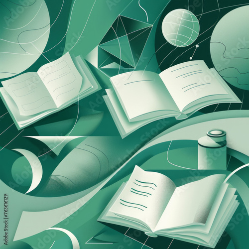 A green and white drawing of three open books with a blue background