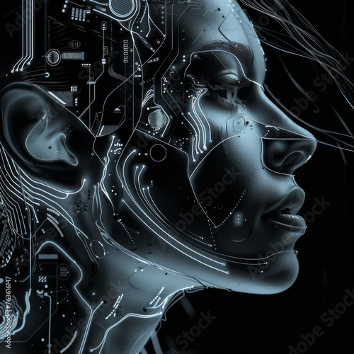 A woman's face is shown with a lot of wires and circuitry