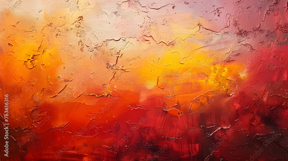 Fototapeta premium Yellow orange coral fiery red burgundy abstract background for design. Color gradient. Painted old concrete wall with plaster. Bright. Colorful.