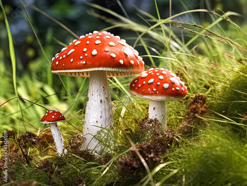 Three red mushrooms are sitting on a patch of grass. The mushrooms are small and have white spots on them. The scene is peaceful and serene