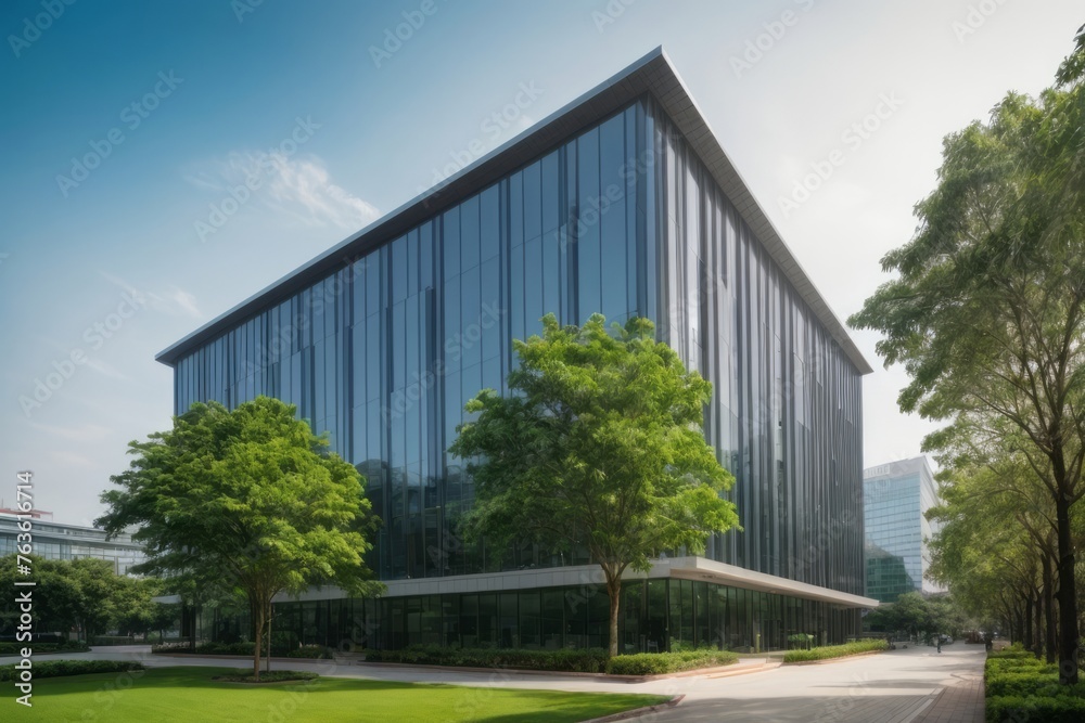 office building with environmentally friendly green trees.