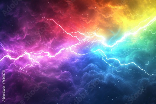 Thunder, Vibrant Cosmic Energy, Abstract Space Background with rainbow Electric Lightning Bolts. Dynamic Colorful Astrophysical Phenomenon.