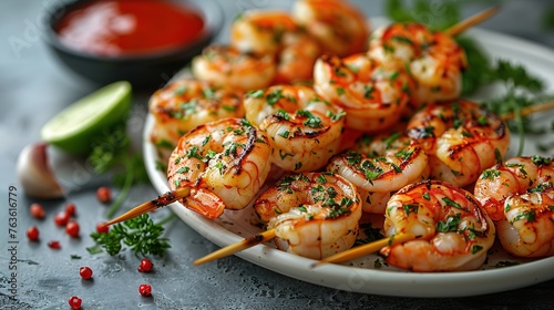 Grilled shrimps or prawns served with lime, garlic and white sauce on a grey concrete background