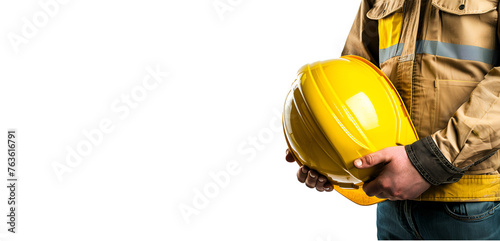 Worker holding a yellow helmet in close-up with copy space, Isolated on Transparent Background, PNG