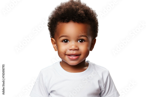 Portrait of a smiling little child wearing white shirt, happy kid laughing, isolated on transparent background