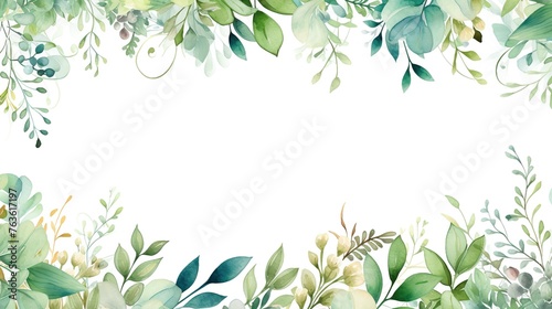 Watercolor green leaves frame template. Empty page white background © MINHO
