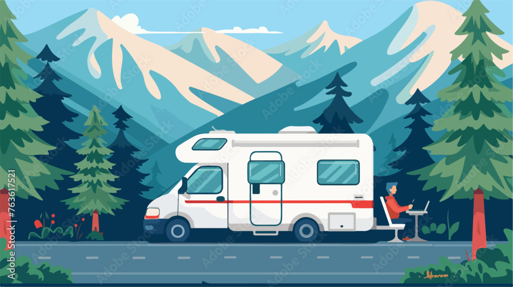 Digital nomad working on the road. Caravan camper t