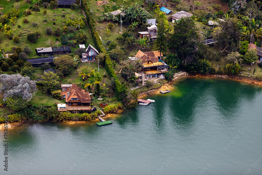 Aerial view of houses with docks in the Peñol-Guatape reservoir in Antioquia, Colombia