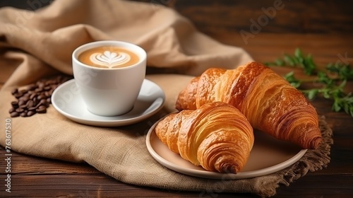 freshly baked croissants and coffee cup on grey table  top view