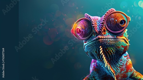 Close-up shot a colorful a chameleon wearing sunglasses on a dark aqua background