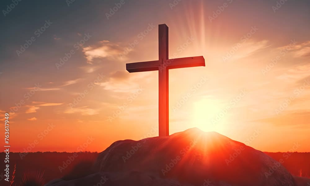 A wooden cross stands atop a rock against a stunning sunset, symbolizing faith, hope, and the beauty of spiritual reflection. A wooden cross stands atop a rock against a stunning sunset, symbolizing faith, hope, and the beauty of spiritual reflection.