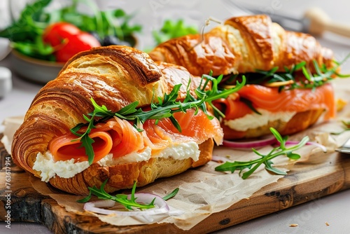Croissants with salted salmon, cucumber and arugula served on light background. Close up