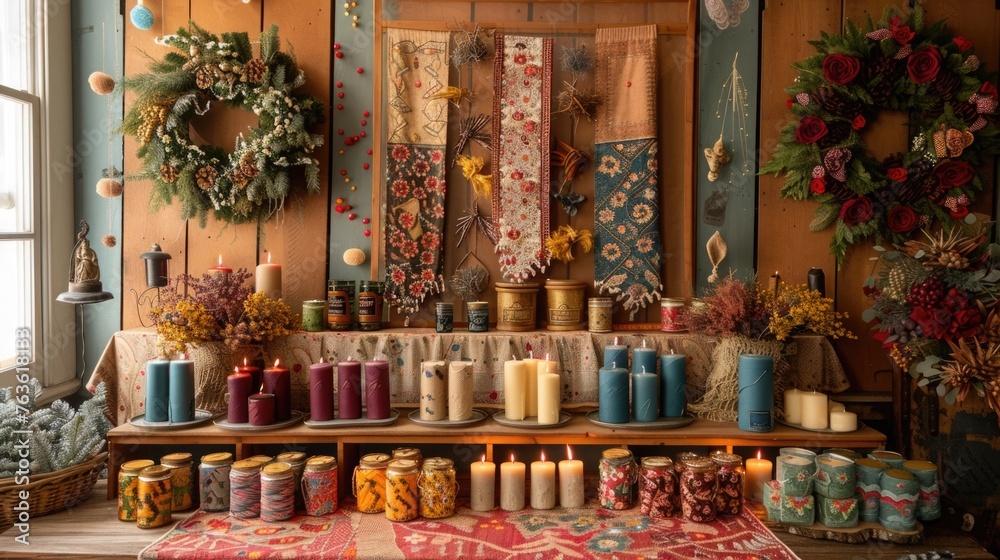 Display of handmade Saint Joseph's Day decorations, including wreaths, candles, and embroidered linens