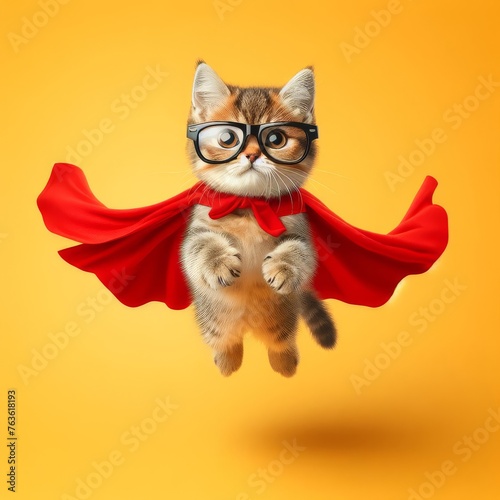 Very funny cute cat wearing red and yellow background