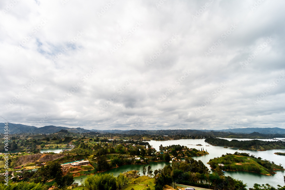 Aerial panoramic view of the Guatape-Peñol reservoir in Antioquia, Colombia Aerial panoramic view of the Guatape-Peñol reservoir in Antioquia, Colombia
