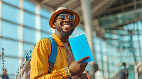 Travel airport and excited dark skinned man