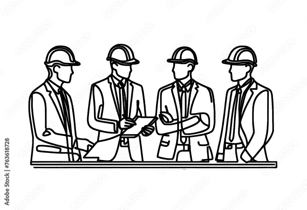 continuous line drawings of some construction workers wearing helmets that stand at meetings and discuss