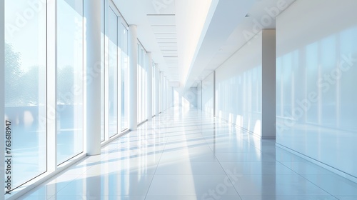 Futuristic corridor with striking blue tones and light reflections on a glossy floor