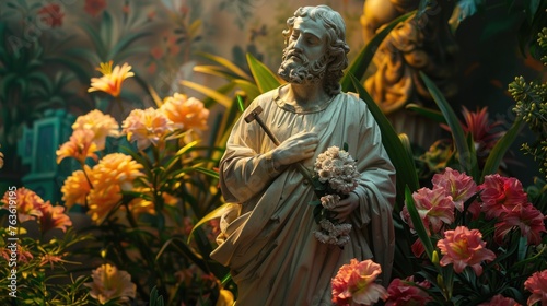 Garden scene with a variety of plants and flowers traditionally linked to Saint Joseph, like lilies and carpenter's tools shaped decorations