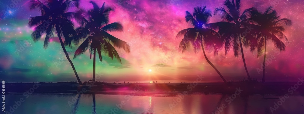 Palms silhouettes at neon sunset sky. Night landscape with palm trees on beach. Creative trendy summer tropical background. Vacation travel concept. Retro, synthwave, retrowave style. Rave party
